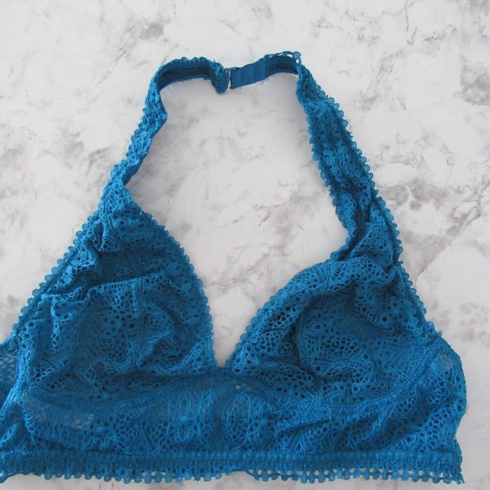 Victorias Secret Bra Bralette M Medium Turquoise Lace Halter Wireless Wire Free